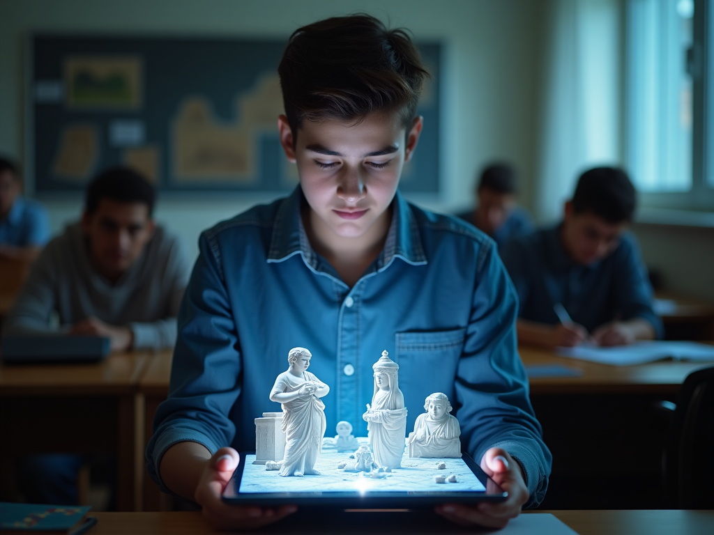 Studente che utilizza un tablet per l'apprendimento con realtà aumentata
