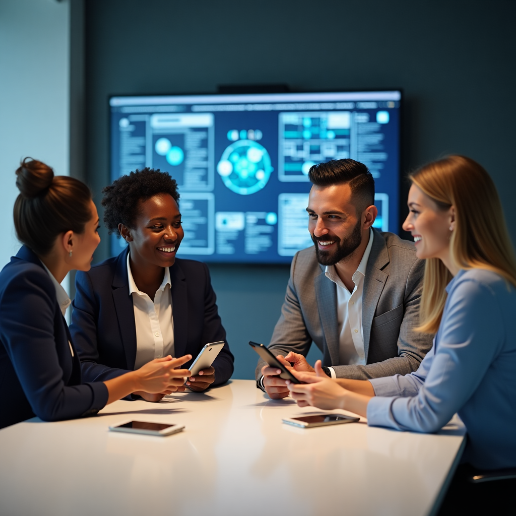 Team di esperti che discutono di tecnologia mobile